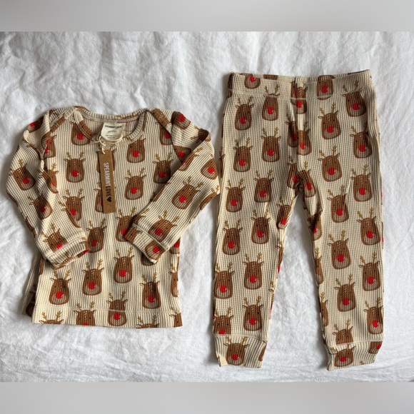 NEW SPEARMINT LOVE Reindeer Two Piece Organic Cotton Waffle Set, Size 18-24m - Picture 2 of 7